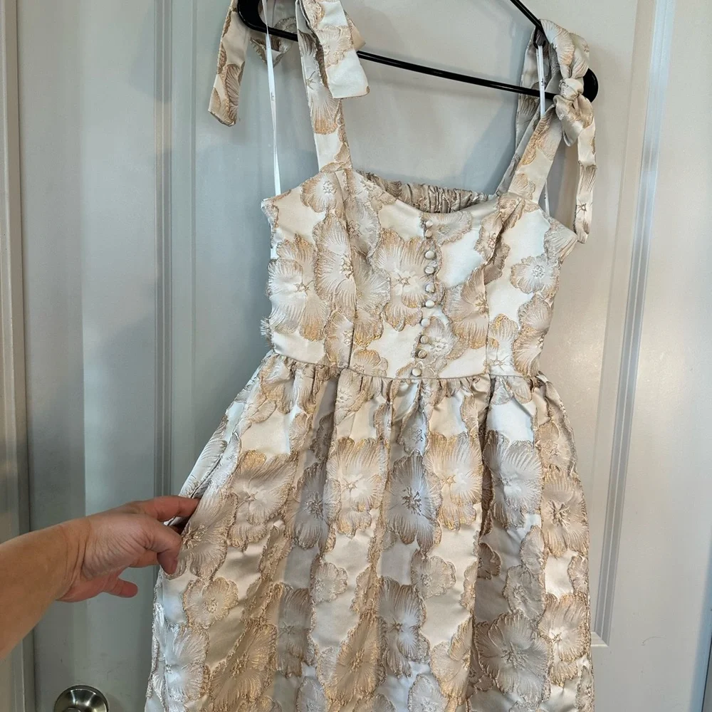 Lulu’s Cream & Gold Floral Jacquard Tie Strap Pockets Full Skirt MIDI Dress, S - Picture 9 of 14